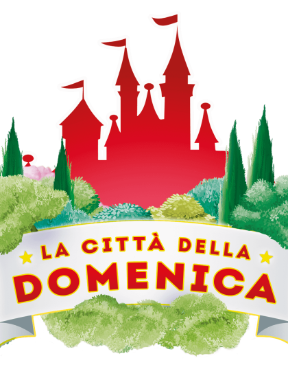Logo di un parco divertimenti con castello e vegetazione.