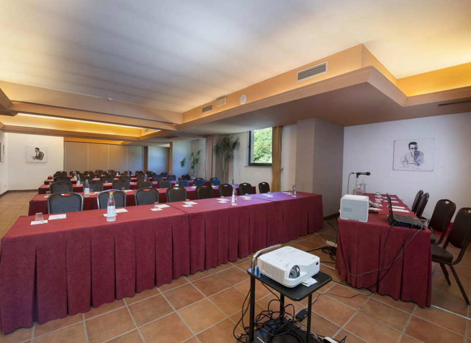 Sala conferenze con tavoli, sedie, proiettore e decorazioni alle pareti.
